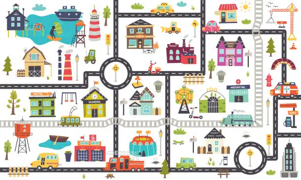 Vector illustration of Horizontal children's map with roads, cars, buildings