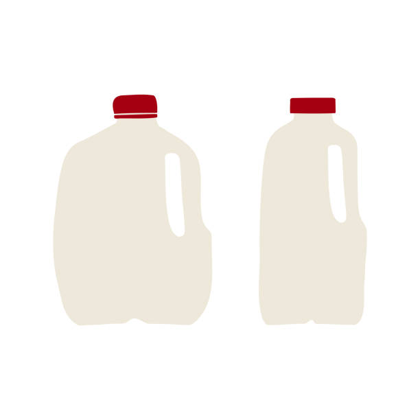 ilustrações de stock, clip art, desenhos animados e ícones de hand drawn, flat vector illustration of milk in plastic gallon and half-gallon jug with red cap. isolated on white background. - jarro de leite