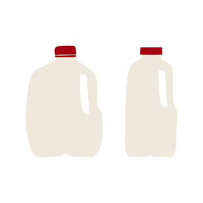 Hand drawn, flat vector illustration of milk in plastic gallon and half-gallon jug with red cap. Isolated on white background.