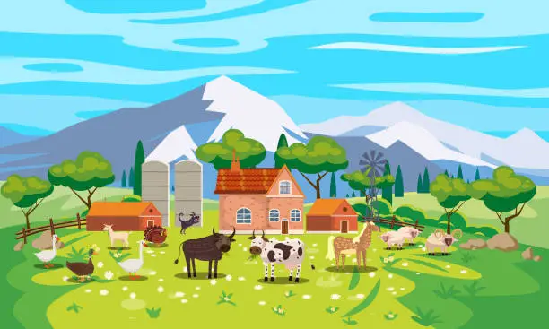 Vector illustration of Rural Landscape farm scenery view, mountaines, green meadow, flowers, trees. Countryside nature, farm animals cow, sheeps, horse, bull, goose, duck, goat, buildings. Vector illustration