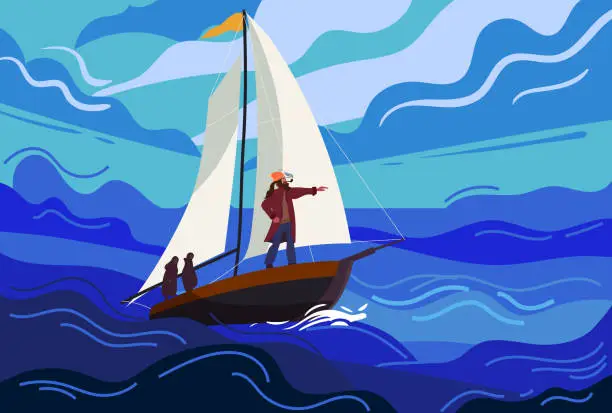 Vector illustration of Ship sailboat during a storm with a brave captain sails towards fate. Seascape, ocean, storm, rain, huge waves, dark sky. Vector illustration flat cartoon