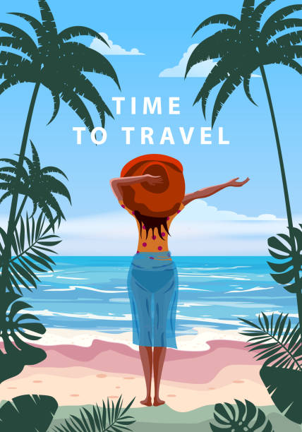 Woman on seaside resort in beachwear red hat enjoing rest. Time to travel vacation tropical palms exotic flora, sea, ocean. Vector illustration retro, vintage Woman on seaside resort in beachwear red hat enjoing rest. Time to travel vacation tropical palms exotic flora, sea, ocean. Vector illustration retro bay of water illustrations stock illustrations