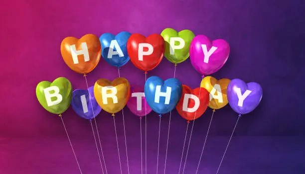 Colorful happy birthday heart shape air balloons on a purple background scene. Horizontal Banner. 3D illustration render