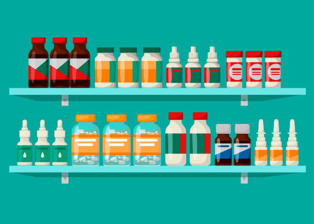 istock Pharmacy shelves with medicines. The concept of pharmaceuticals and medicines. Vector illustration in cartoon style. 1314907703