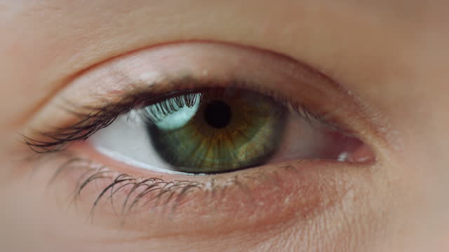 Macro camera motion of woman eye staring at camera. Close up of female eye.