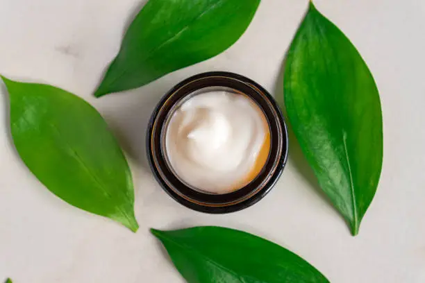 Natural moisturising cream gel in dark glass jar on green leaves as beauty flatlay, spa cosmetics and skincare closeup.