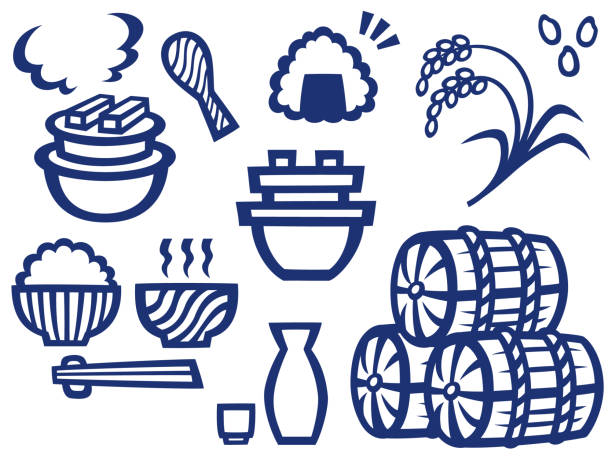 ilustrações de stock, clip art, desenhos animados e ícones de illustration set of japanese rice and food - white background container silverware dishware