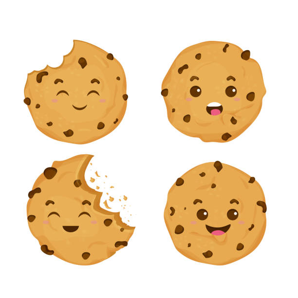 set cute, komiks kawaii cookie, emocjonalny charakter w stylu kreskówki izolowane na białym tle. deser z czekoladowymi frytkami. - baking food cookie breakfast stock illustrations