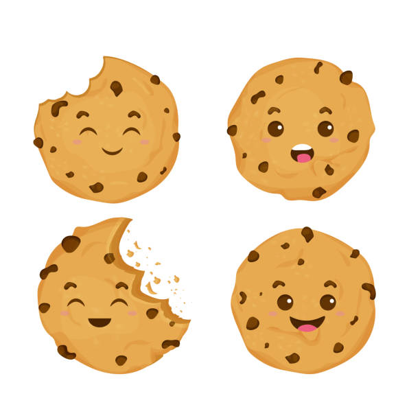 beyaz arka plan üzerinde izole çizgi film tarzında sevimli, komik kawaii kurabiye, duygusal karakter ayarlayın. çikolatalı cipsli tatlı. - kurabiye stock illustrations