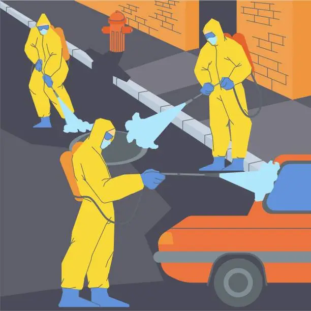 Vector illustration of Man with disinfectant spray machine, sanitization process