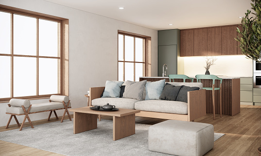 Apartamento estilo Japandi. Habitación de diseño interior con muebles de madera. Fondo de renderizado 3D photo