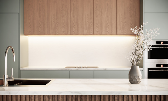 Diseño interior de cocina estilo Japandi. moderno apartamento escandinavo con muebles. Fondo de renderizado 3D photo