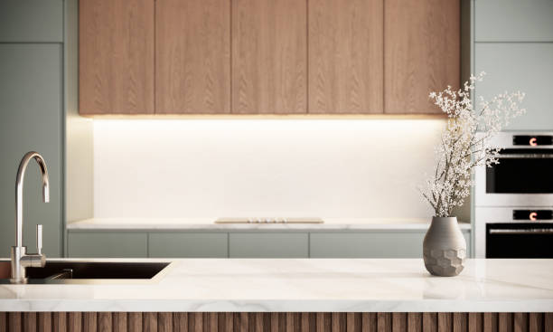 design degli interni della cucina in stile japandi. moderno appartamento scandinavo con mobili. sfondo rendering 3d - pianale da cucina foto e immagini stock