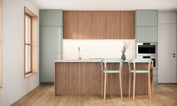 istock Japandi style kitchen interior with island kitchen counter. modern scandinavian apartment design. 3d rendering background 1314912460