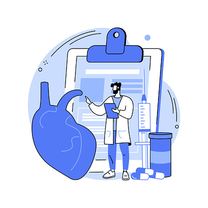 Heart disease treatment abstract concept vector illustration. Chest pain, heartbeat problem, patient cure, professional therapy and hospital care, medication and pills abstract metaphor.