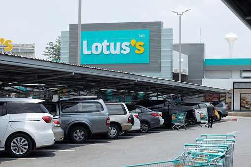 New Lotus’s logo sign banner from old Tesco Lotus retail chain in Thailand operated by Charoen Pokphand (CP) Group.23 April 2021.Bangkok,THAILAND.