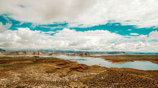 Lake Powell in Utah Arizona seen from above a cloudy day in the summer.