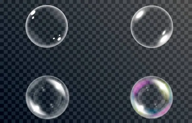 Vector illustration of Vector set of soap bubbles. Bubbles of different types. Bubble, soap, foam, detergent, glare