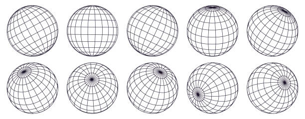 ilustraciones, imágenes clip art, dibujos animados e iconos de stock de esferas de cuadrícula de globo. se establecen esferas 3d rayadas, cuadrícula del globo de geometría, latitud de la tierra y símbolos vectoriales de cuadrícula de línea de longitud. formas esféricas del globo terráqueo - globe