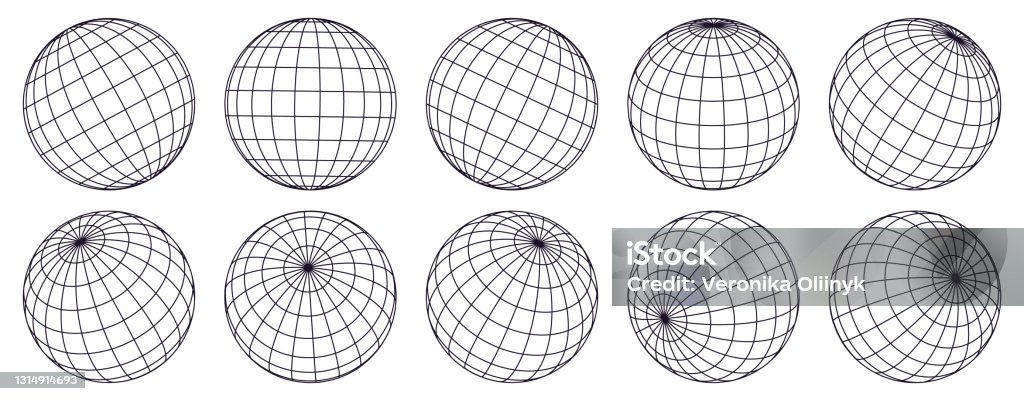 Sphères de grille de globe. Sphères 3D rayées, grille globe de géométrie, latitude terrestre et symboles vectoriels de grille de ligne de longitude réglés. Formes sphériques de globe de grille - clipart vectoriel de Globe terrestre libre de droits Sphères de grille de globe. Sphères 3D rayées, grille globe de géométrie, latitude terrestre et symboles vectoriels de grille de ligne de longitude réglés. Formes sphériques de globe de grille - clipart vectoriel de Globe terrestre libre de droits