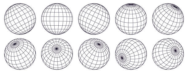 Globe grid spheres. Striped 3D spheres, geometry globe grid, earth latitude and longitude line grid vector symbols set. Spherical grid globe shapes Globe grid spheres. Striped 3D spheres, geometry globe grid, earth latitude and longitude line grid vector symbol set. Spherical grid globe shapes. Illustration globe striped, global geography surface grid stock illustrations