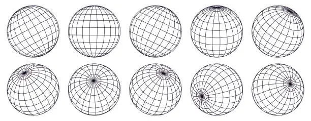 Vector illustration of Globe grid spheres. Striped 3D spheres, geometry globe grid, earth latitude and longitude line grid vector symbols set. Spherical grid globe shapes