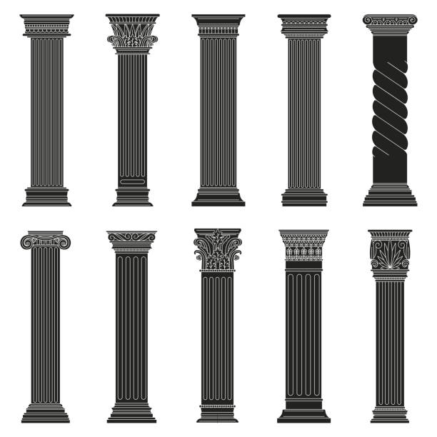 ギリシャの古代の柱。古典的なローマとギリシャ建築石柱分離ベクトルイラストセット。古代の古典的な輪郭の柱 - stability architecture roman decoration点のイラスト素材／クリップアート素材／マンガ素材／アイコン素材