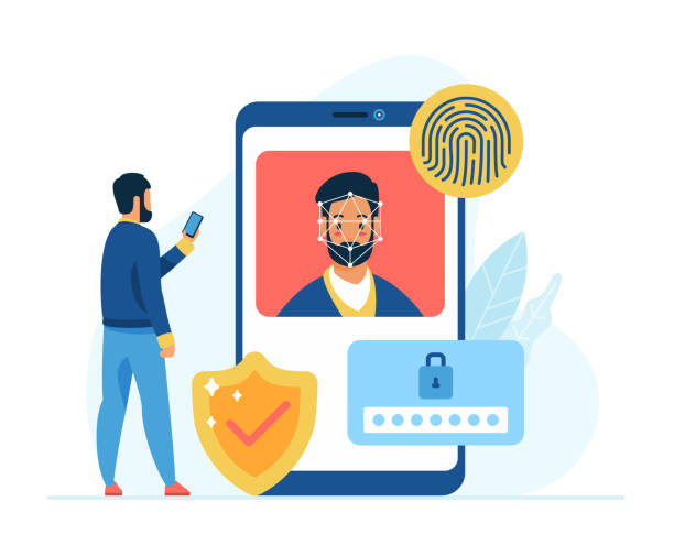 Mobile data protection and security concept flat vector illustration Mobile data protection and security concept flat vector illustration. Male cartoon character with smartphone. Face recognition. Finger print unlock. Two step verification face scan stock illustrations