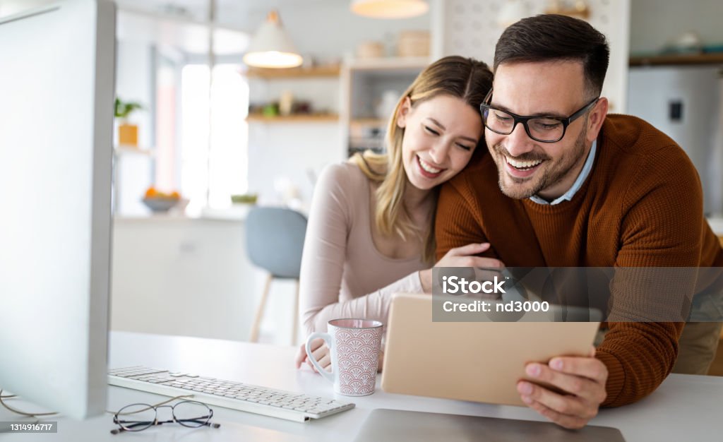 Remote Work Couple Positive Couple Having Fun While Working Together Remotely At Home ...