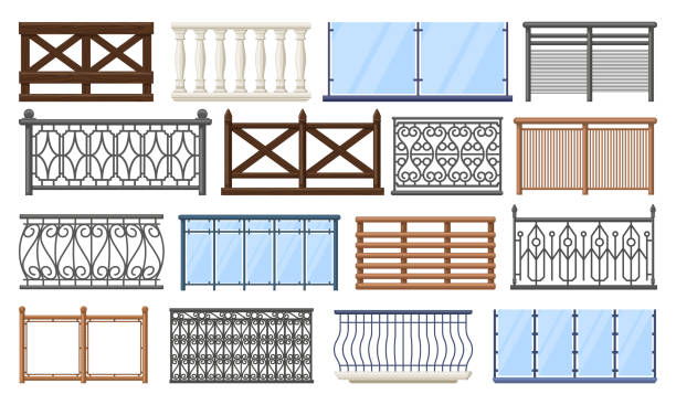 Balcony fence. Wooden, stone and stainless steel handrails, home terrace fencing isolated vector illustration set. Apartment building balcony railing Balcony fence. Wooden, stone and stainless steel handrails, home terrace fencing isolated vector illustration set. Apartment building balcony railing. Architecture banister, metal and glass balustrade stock illustrations
