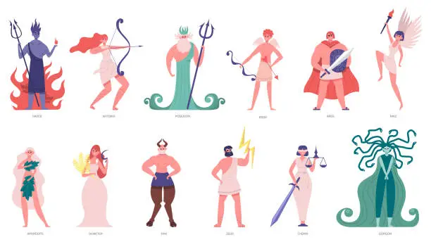 Vector illustration of Greek gods and goddess. Olympic cartoon gods and heroes, poseidon, hades, zeus and hermes. Ancient mythology characters vector illustration set