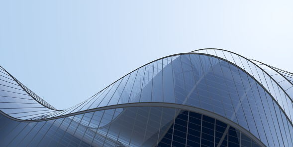 Low angle view of futuristic architecture, Skyscraper office building with cloud reflected on window, 3D rendering.
