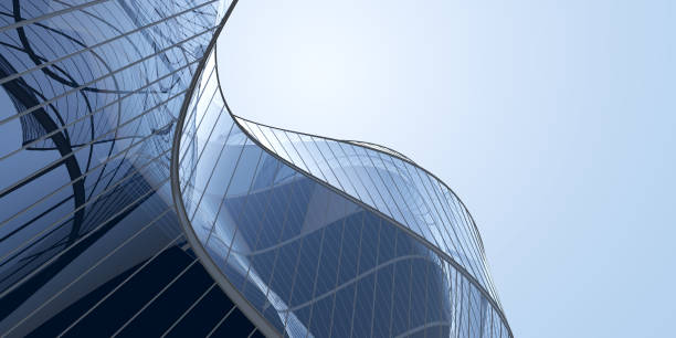 low-angle-ansicht der futuristischen architektur, skyscraper-bürogebäude mit wolke im fenster reflektiert, 3d-rendering. - außenaufnahme von gebäuden stock-fotos und bilder