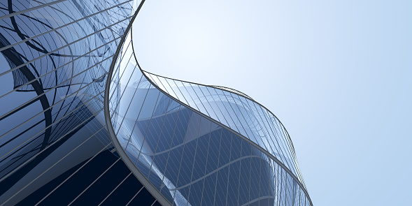 Vista de ángulo bajo de arquitectura futurista, edificio de oficinas skyscraper con nube reflejada en la ventana, renderizado 3D. photo