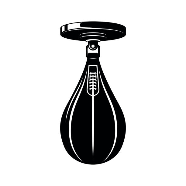 Illustration of boxing punching bag in vintage monochrome style. Design element for label, sign, emblem, poster. Vector illustration