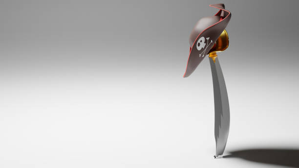 Pirate Sabre Thrusted in the floor and Triangle Hat on it. Free Space for Text. Rendering from 3D.