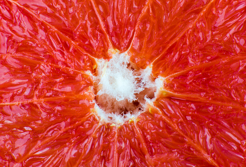 Grapefruit texture inside on the white background. Citrus close up photo. Healthy lifestyle photo. Beautiful wallpaper. Vegetarian and vegan concept. Vitamins from nature.