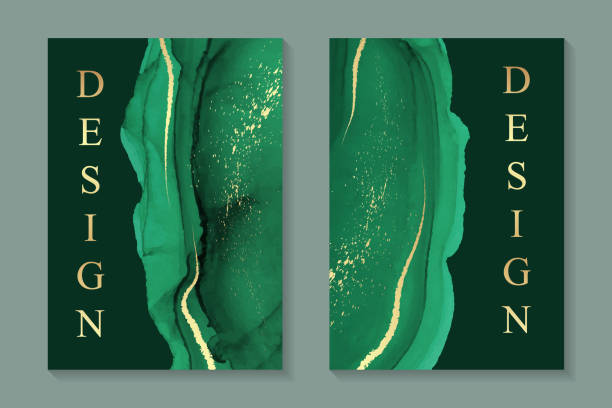 istock Watercolor backgrounds with abstract green ink waves and golden splashes. 1314920860