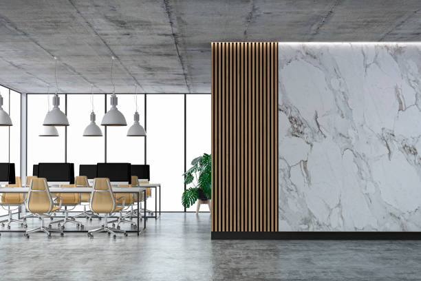 istock Empty office interior with copy space and wordesks on concrete floor 1314921070