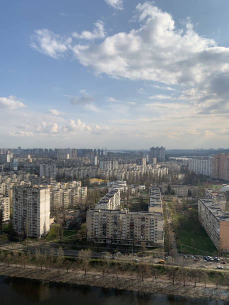 istock Spring on Rusanivka channel with soviet buildings 1314921290