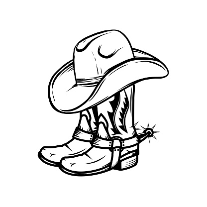 Illustration of cowboy hat and cowboy boots in vintage monochrome style. Design element for label, sign, emblem, poster. Vector illustration