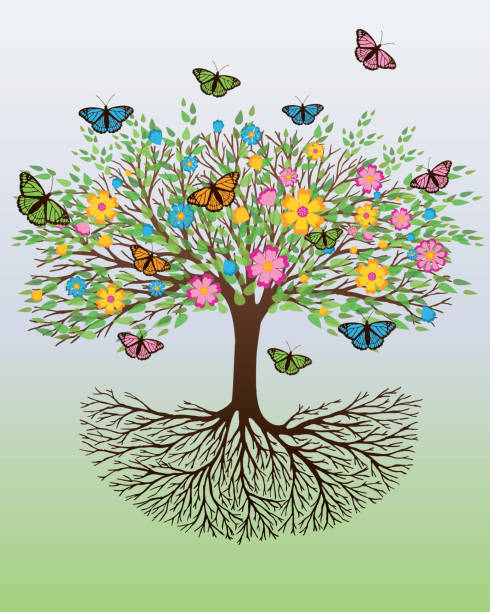 Tree of life flowers and butterfly version A tree of life with flowers and colored butterflies sitting on the branches and flying around the tree. The background is a green white gradient tree of life stock illustrations