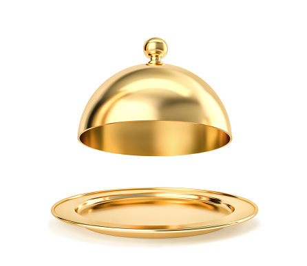 Golden tray and cloche isolated on white. 3D rendering with clipping path