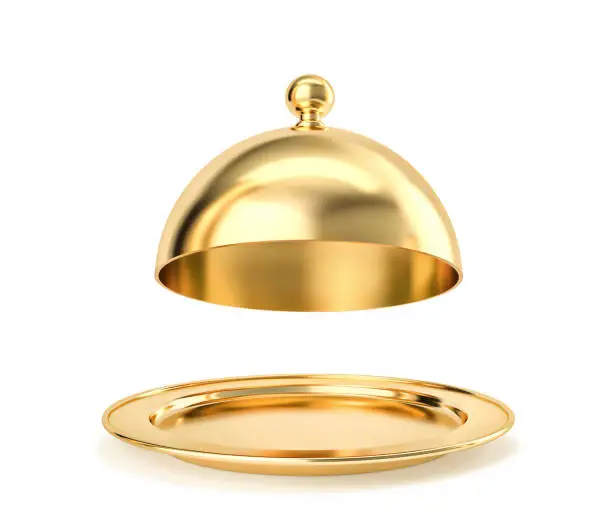 Photo of Golden tray and cloche isolated on white. Clipping path included
