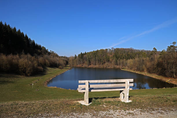 istock Bench on the shore of a beautiful lake 1314927925