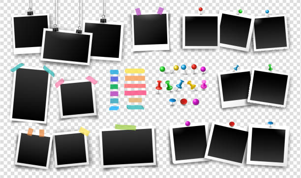 Photo frames fixed with sticky tape, push pins, thumbtacks and binder clips. Big vector set Photo frames fixed with sticky tape, push pins, thumbtacks, binder clips of different colors. Vector set of photo templates. Illustration of empty photo with shadows on transparent background. polaroid stock illustrations