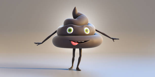 poop emoji with arms and legs, teeth and tongue sticking out standing against plain background - stool imagens e fotografias de stock