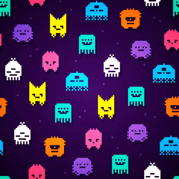 vektor-illustration nahtlose 8bit pixel monster muster. retro-spiel monster textur. - uncool stock-grafiken, -clipart, -cartoons und -symbole