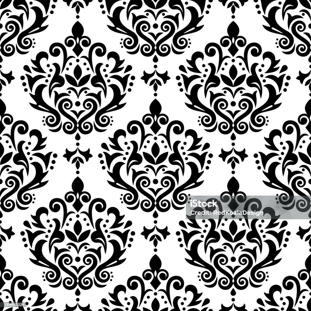 Damask Elegant Seamless Pattern Victorian Textile Or Fabric Print Design Flowers Swirls And Leaves In And White Stock Illustration - Download Image Now iStock