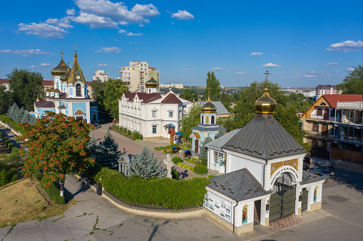 Chisinau, Moldova, August 2020: Aerial view to Ciuflea AKA Sf Teodor Tiron Monastery. Was found by two brothers in 1858, Aromanian merchants who emigrated from Macedonia to Bessarabia in 1821